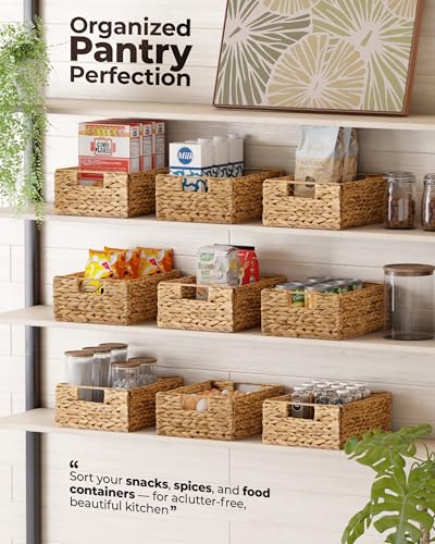 Water Hyacinth Storage Baskets Set of 6 - Natural Woven Bin with Handles, Rectangular Variation