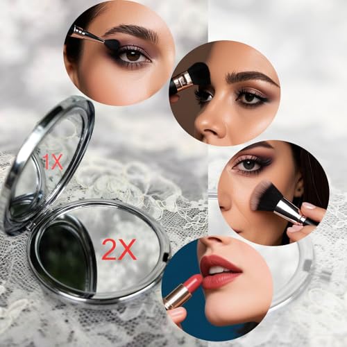 Leimandy Blue ForgetMeNot 4-Pack Embroidered Compact Mirrors – Double-Sided 1x/2x Magnification, Foldable Pocket Makeup Mirrors