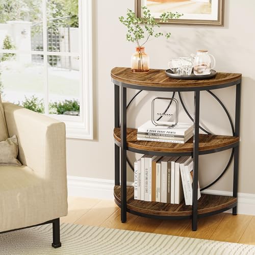 LITTLE TREE Brown Half Moon End Table with 3 Tiers | Rustic Coffee & Bedside Side Table