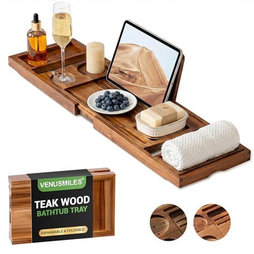 Venusmiles Foldable Teak Bathtub Caddy with Expandable Handles, Wine Glass & Phone Holders - Light Walnut