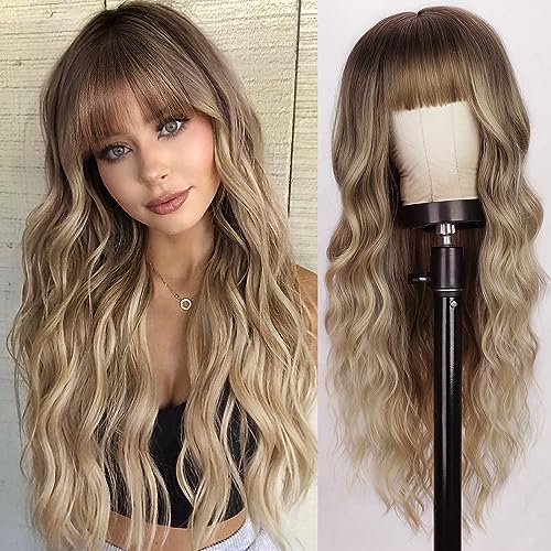 Long Curly Wavy Blonde Wig with Bangs for Women - Dark Blonde Variation