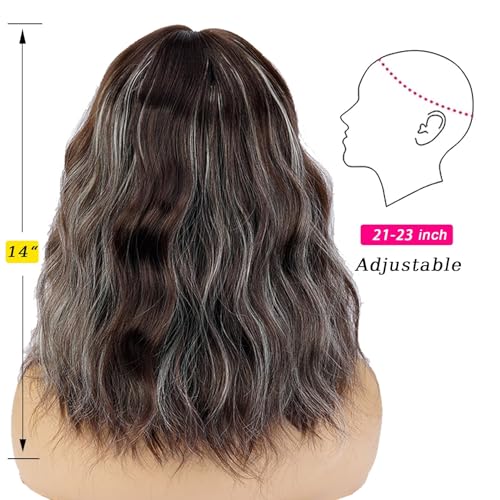 Brown Mixed Blonde Short Wavy Bob Wig with Bangs for Women - 14 Inch, Heat-Resistant Synthetic Hair