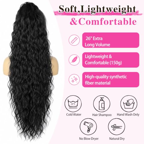 26 Inch Black Curly Wave Clip-In Ponytail Hair Extensions - Comfortable & Secure