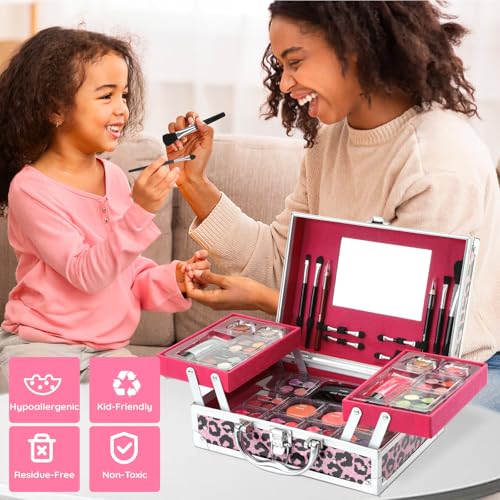 Pink All-In-One Teen Makeup Kit with Leopard Case - 28 Eyeshadow Colors & Accessories