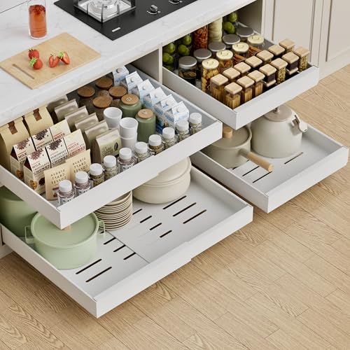 21-Inch Deep Expandable Pull Out Cabinet Organizer Set - White (2 Pack, 21"D x 12-20"W)