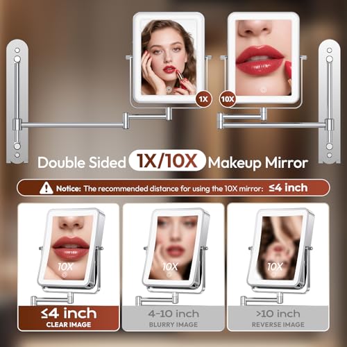 Height Adjustable Wall Mounted Lighted Makeup Mirror with Lights, 10X Magnifying Mirror for Bathroom, 7in Slide Rail and 360¡Æ Extended Arm, Rechargeable Wall Mirror with Dual Hooks for Hotel