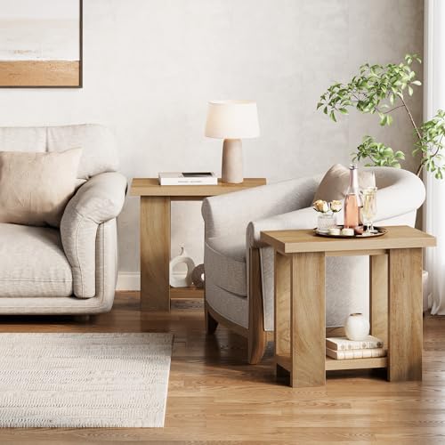 Light Brown 2-Tier Farmhouse End Table with Storage Shelves - LITTLE TREE