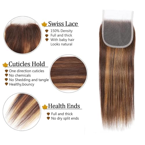 P4/27 Highlight Brown Blonde Human Hair Bundles with 4x4 Lace Closure - Ombre 3 Bundles 12 14 16 + 12 Inch Free Highlight