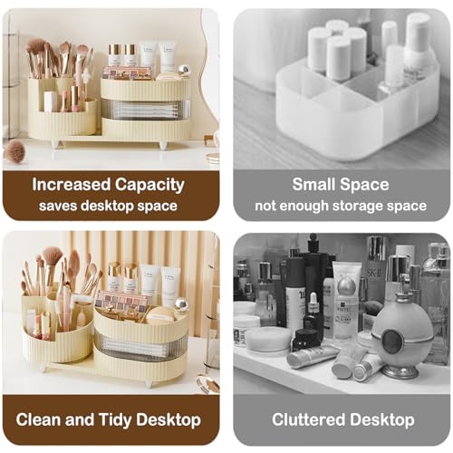 3 Layer Rotating Makeup Organizer with Drawer & Brush Holder - Ivory