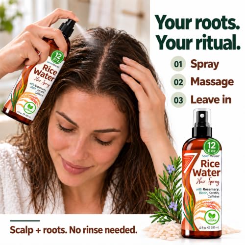 Seven Minerals Rosemary and Rice Water Hair Growth Spray 12 Fl Oz - Fermented Rice Water Mist with Biotin Caffeine Keratin - Non-Greasy Leave-In for Thicker Fuller Hair - Variation of Rosemary / 12 Fl Oz