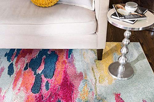 Rectangular Pink Ivory Abstract Area Rug - 5' x 8' Modern Vibrant Carpet