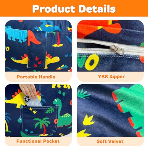 Dinosaur Bean Bag Chair for Kids & Teens - Large 27 Inch Floor Lounger with Memory Foam & Washable Velvet Cover Variation of Dinosaur / Large