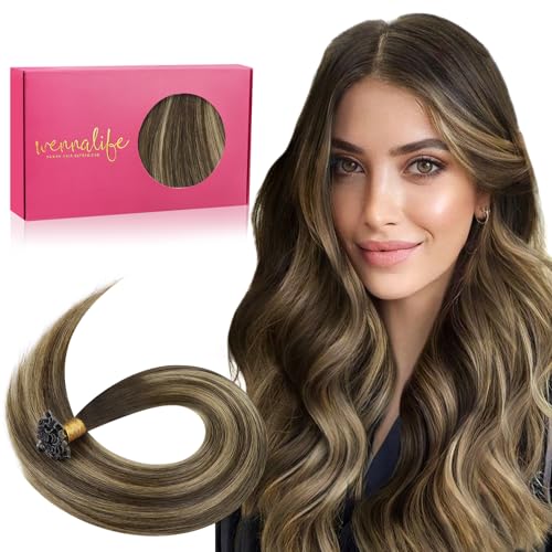 WENNALIFE 14 Inch Balayage Chocolate Brown to Caramel Blonde U Tip Human Hair Extensions 50g