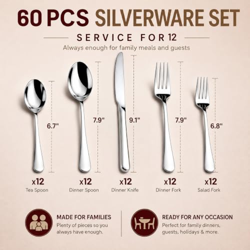 60-Piece Silverware Set for 12 - Stainless Steel Flatware Utensil Cutlery Set with Gift Box - Silver / 12 Pack