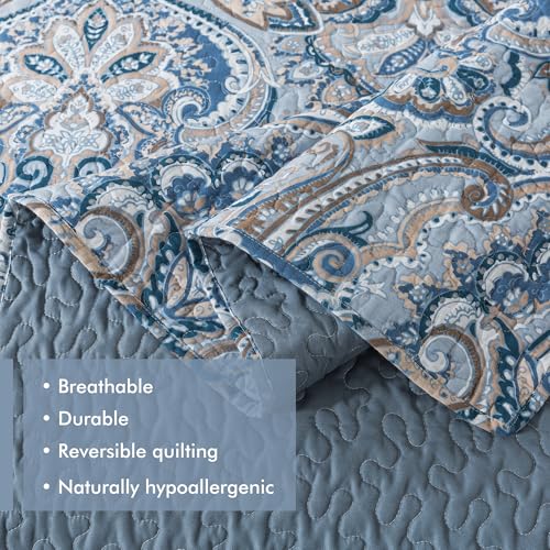 Cotton King Size Reversible Quilt Set with Pillow Shams - Blue Tan Paisley, All Season Bedspread