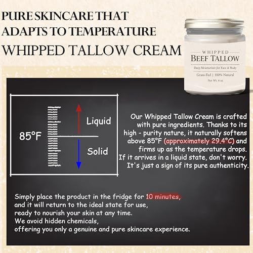 Whipped Face and Body Moisturizer with Grass-Fed Beef Tallow & Honey 4oz - Unscented, Hydrating Skincare