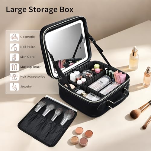Faquenc Travel Makeup Bag with LED Lighted Mirror & Adjustable Dividers - Black