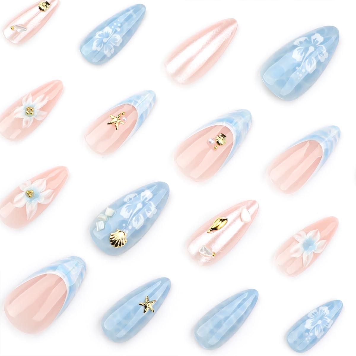 24Pcs Almond Press on Nails Medium Summer Sea Fake Nails 3D Shell Starfish Pearl Gems Designs Blue Wave Acrylic Nails Full Cover Flower Glue on Nails Ocean Theme Nail Art Decoration for Women