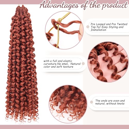 MAYSA Ginger Copper Beach Waves Crochet Hair Extensions - 18 Inch Water Wave Prelooped 8-Pack #350