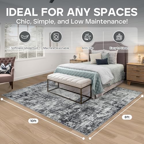 Black & Grey 8x10 Washable Area Rug for Living Room Bedroom Dining Room - Durable Faux Wool