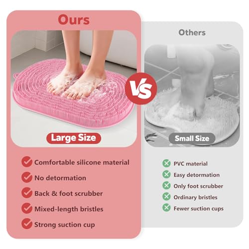 Silicone Shower Foot Scrubber Mat 21x14 Inch Pink Non-Slip Bath Mat