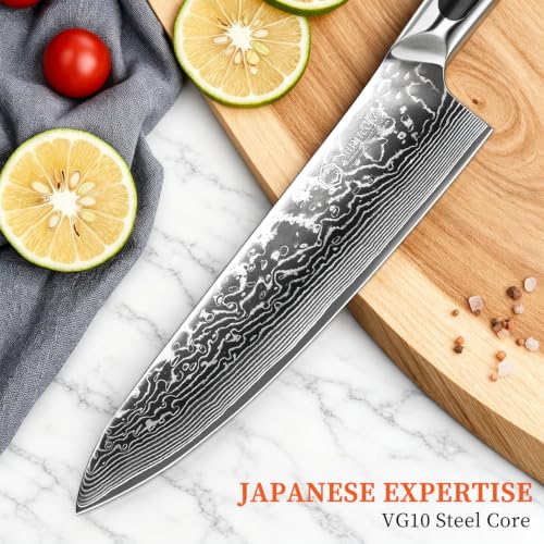 Sunnecko 8 Inch Japanese Damascus Chef Knife - VG10 Steel Razor Sharp Kitchen Knife