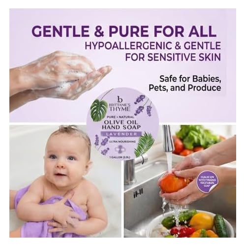 Brittanie's Pure Organic Castile Liquid Olive Oil Soap Refill | Face, Body Wash, Dishes, Pets & Laundry | Vegan & Gluten Free Non-GMO (Lavender 1 Gallon)