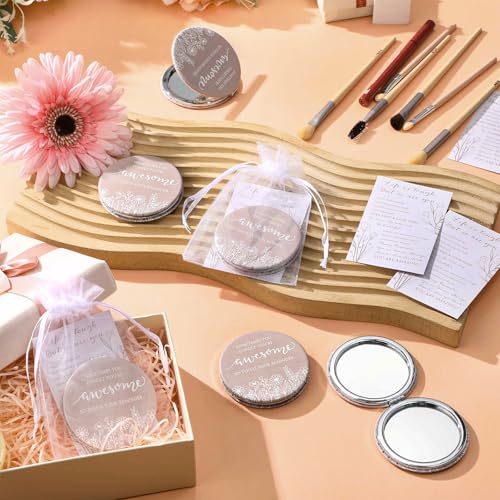 CroBlissful Inspirational Gifts for Women Bulk 12 Set - Classic Double-Sided Makeup Mirrors with Quotes & Organza Bags