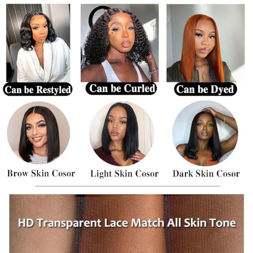 HWOWig 16 Inch Human Hair Bob Wig - Pre Plucked, Short Straight Lace Closure Wig for Black Women