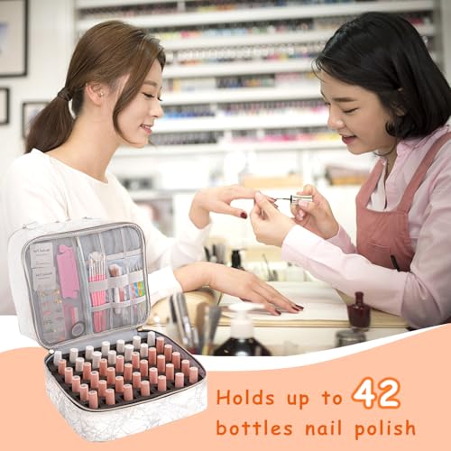 Nail Polish Organizer, Double Layer Nail Polish Storage Bag Carrying Case Holds 42 Bottles with Nail Dryer Lamp Portable Manicure kit supplies Organizer £¨White£©