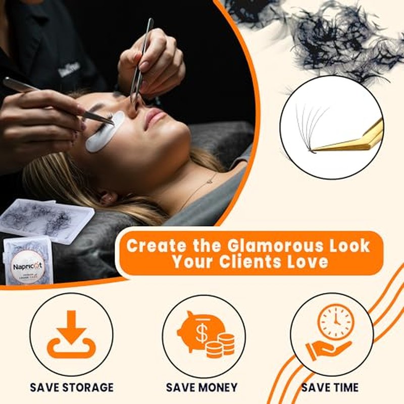 500 Promade Fans - 5D 0.07 Size 10mm Curl D, Napricot Volume Premade Eyelash Fans Extension - Promade Lash Fans for Eyelash Extensions, Middle Stem, Fluffy, Soft - 2 Pairs Eye Pads Lash Extensions