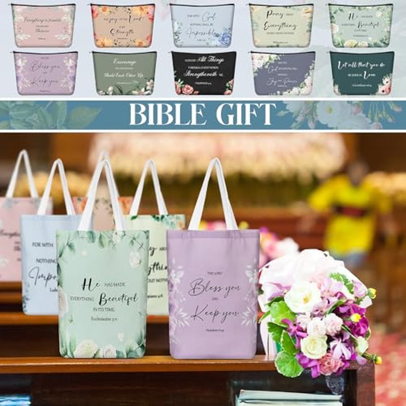 20 Pcs Christian Gift Women Mother's Day Including 10 Bible Verse Tote Bags 10 Christian Makeup Bags Inspirational Religious Scripture Gifts for Church Xmas Valentines(Elegant)