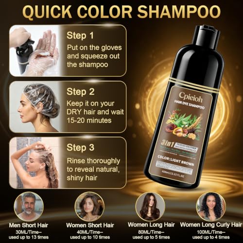 Light Brown Hair Dye Shampoo for Gray Coverage - 3 in 1 Hair Color Shampoo - Gentle & Natural Formula