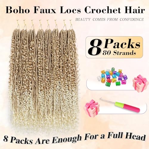 27/613 Faux Locs Crochet Hair for Black Women - 30 Inch, 8 Packs Pre-Looped, Curly Ends