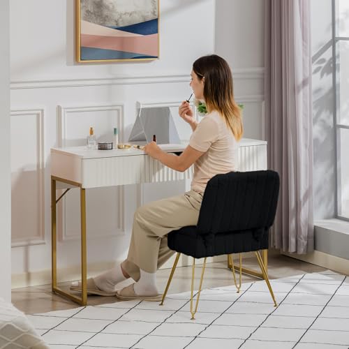 Black Vanity Chair with Storage & Foldable Back - Comfy Ottoman