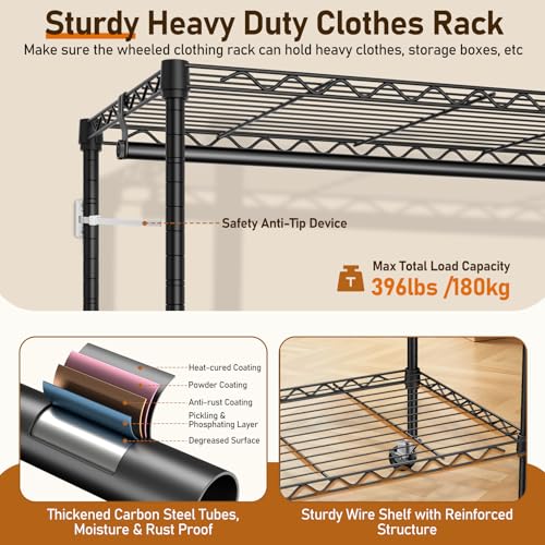 Black Rolling Clothes Rack with 4 Adjustable Shelves - Heavy Duty Portable Closet Organizer