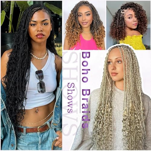 14 Inch Bohemian Goddess Box Braids Crochet Hair with Curly Ends - 8 Pack, T1B/BUG Variation