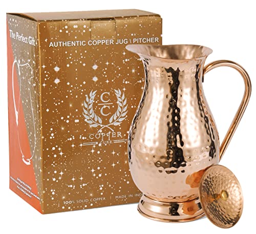 Large Pure Copper Water Pitcher with Lid - Handcrafted Hammered Jug, 70 Oz/2000ml for Home & Gifting