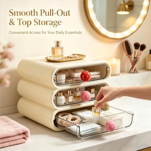 3-Tier Clear Makeup Organizer Drawer with Handles for Vanity, Bathroom & Desk
