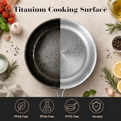 12-In Titanium Frying Pan with Lid - Hammered Alloy Skillet, Non-Stick, Oven Safe