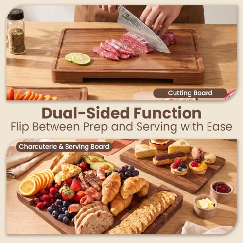Large Acacia Wood Cutting Board Set with Storage Stand - Brown
