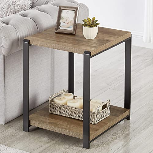 Industrial End Table with Storage Shelf - Square Nightstand in Oak Finish
