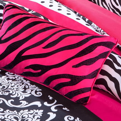 Pink Zebra Twin XL Comforter Set - Polka Dot & Damask Bedding 3pc