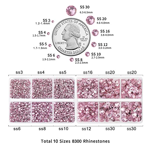 Pink Rhinestones for Nails 8300pcs Flatback Beads Set - Light Pink, 10 Sizes with Tools