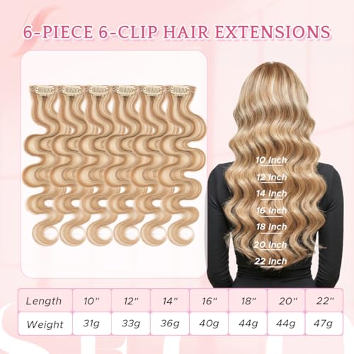 Clip in Hair Extensions 6pcs 10 Inch Golden Brown Mix Bleach Blonde Wavy Real Human Hair - Variation of 10 Inch / 2-#12P613