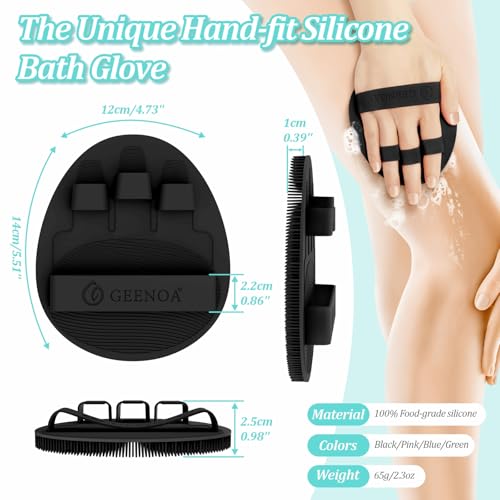 Silicone Back Scrubber & Soft Bath Glove 2PCS, 16''- 24'' Extendable Shower Scrubber with Dual-Side Head, 360¡Æ Anti-Slip & Hand-fit Silicone Body Scrubber for Rich Foaming Deep Cleaning(Black)