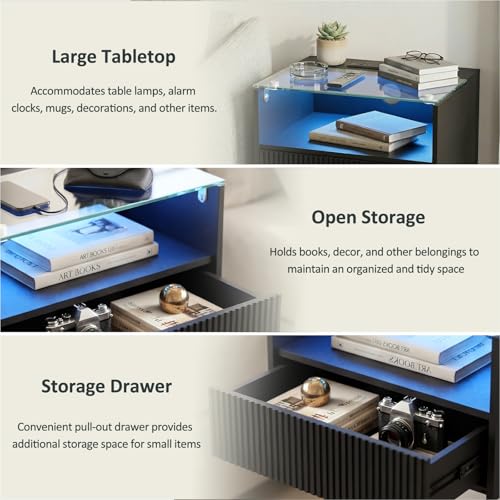 Floating Nightstand Set of 2 with Charging Station and Drawer - Black