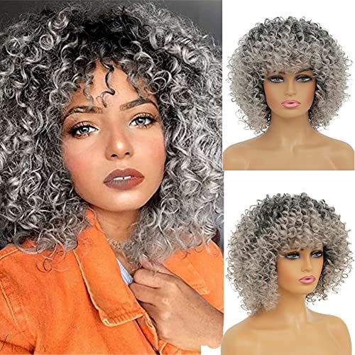 Gray Afro Curly Wig with Bangs for Black Women - Ombre Short Hair, Adjustable Fit, Synthetic Fluffy Style - Variation of THIS listing