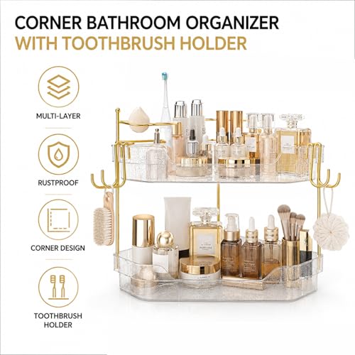 Crystal Silver Corner Bathroom Counter Organizer 2-Tier Vanity Storage with Brush Holder