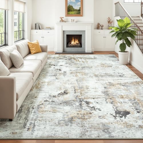 Carpelux 9x12 Rectangular Washable Area Rug in Brown/Grey – Large Non-Slip Living Room Carpet